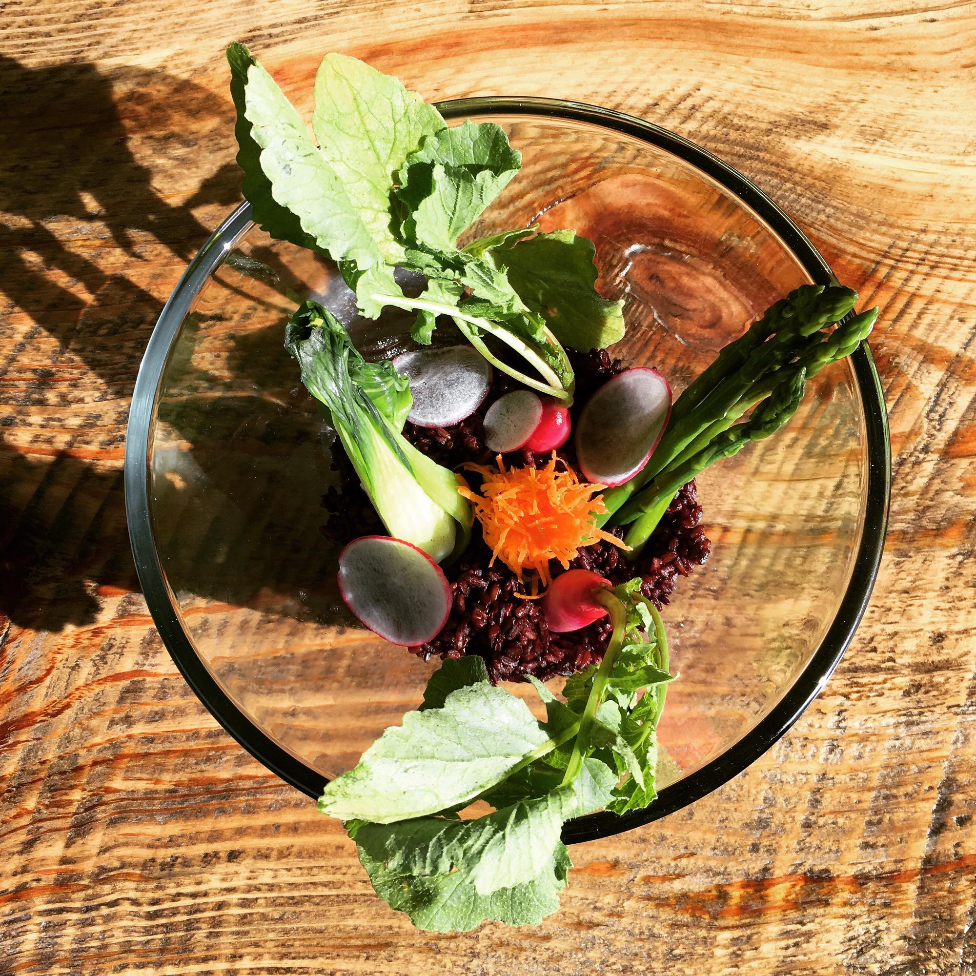 Close-up of seasonal vegetables and plated garnish
